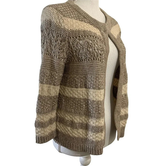 Chicos Metallic Silver And Tan Striped Chunky Sweater Shrug Size 0 Cotton Blend - Picture 2 of 8